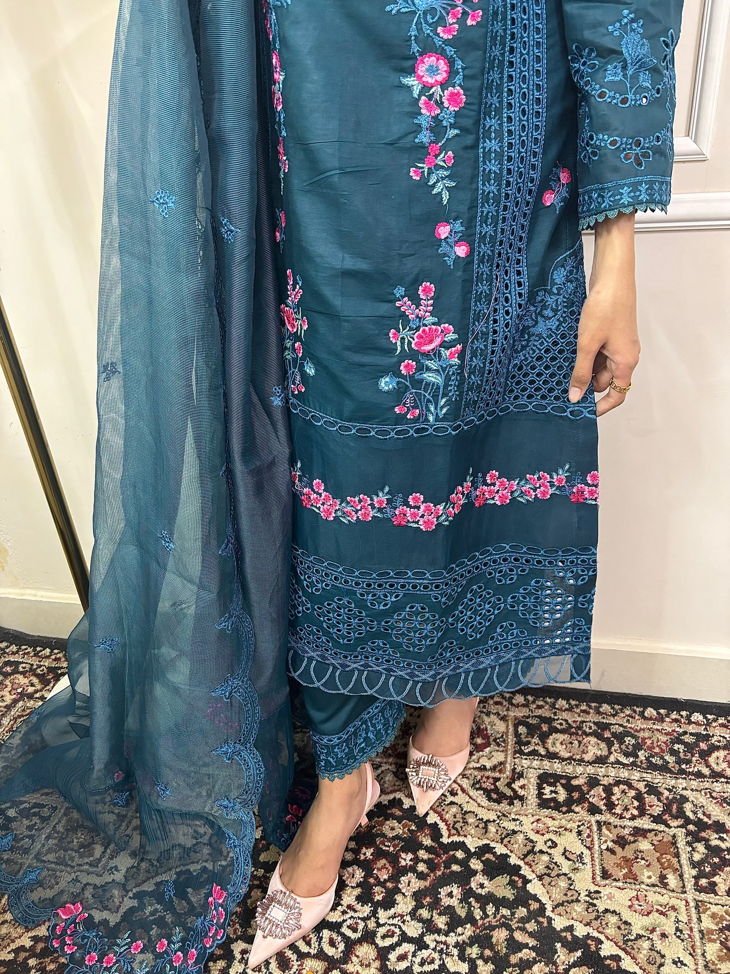Amara – Teal Embroidered Chiffon Ensemble