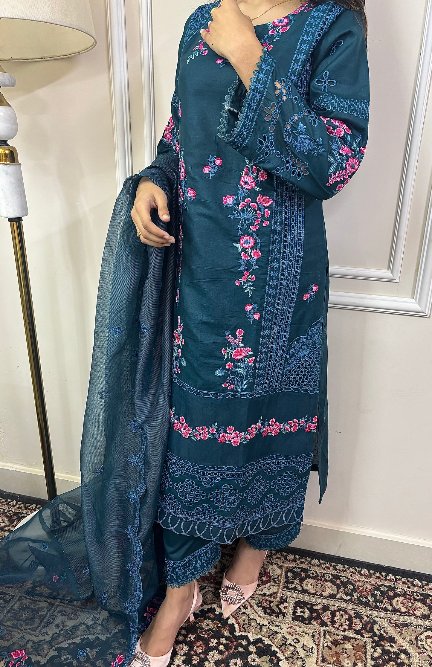 Amara – Teal Embroidered Chiffon Ensemble