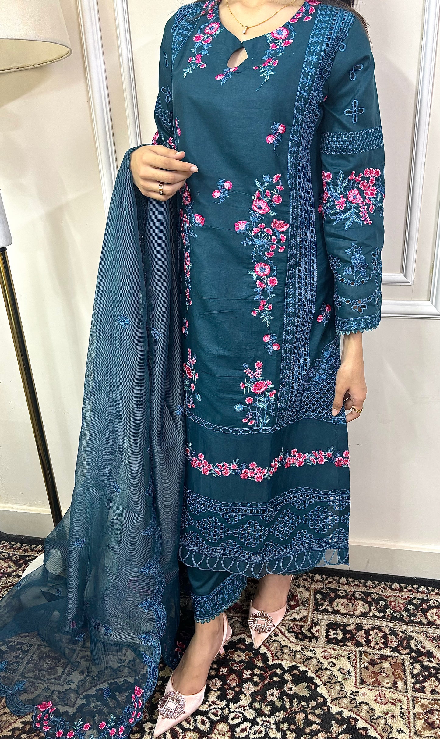 Amara – Teal Embroidered Chiffon Ensemble