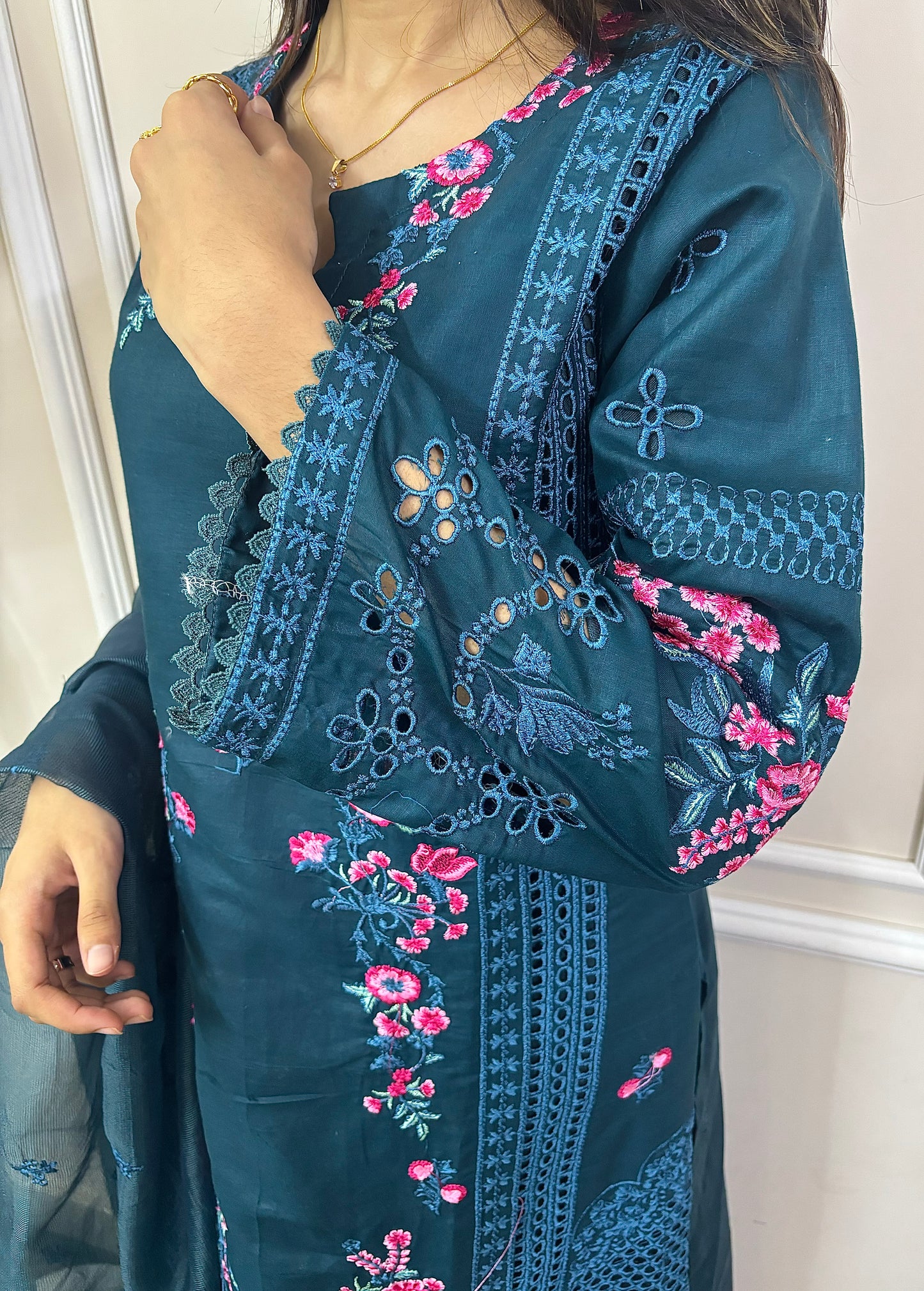 Amara – Teal Embroidered Chiffon Ensemble